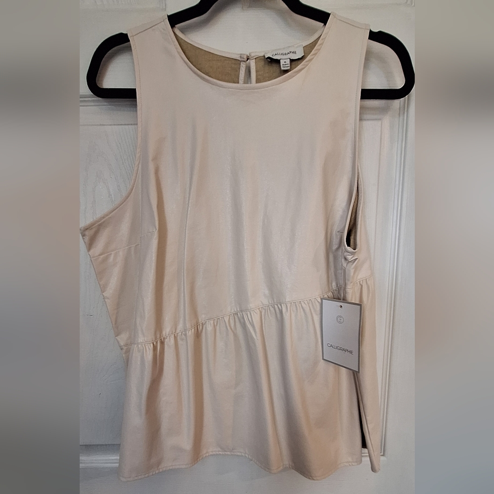 Calligraphie Cream Faux Leather Peplum Tank Top XL NWT